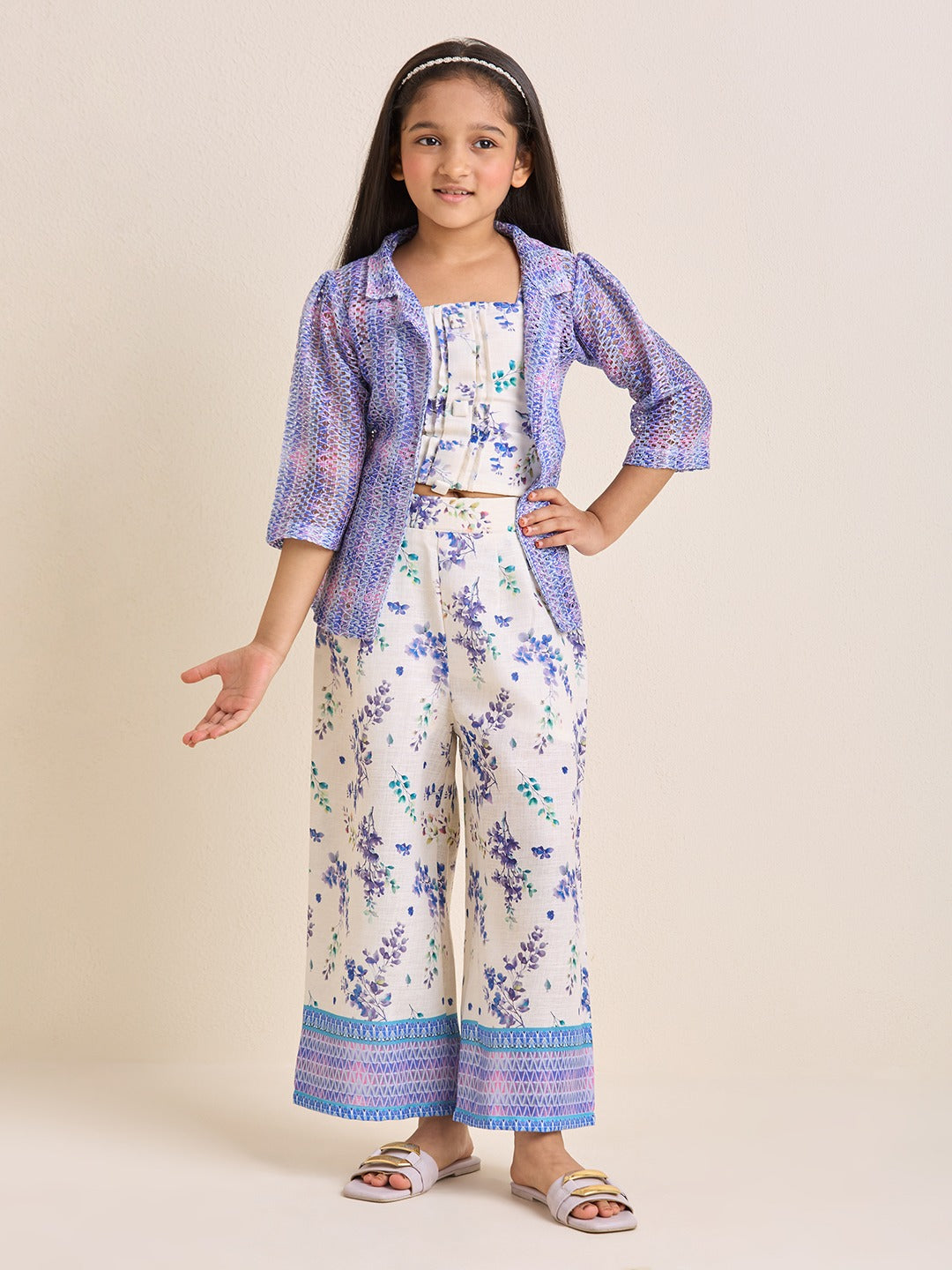 Girls White & Purple Floral Crop Top & Pants Ethnic Set with Purple Jacket (3pc Set)