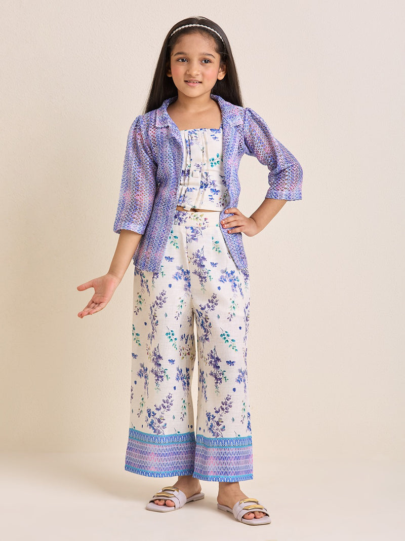 Girls White & Purple Floral Crop Top & Pants Ethnic Set with Purple Jacket (3pc Set)