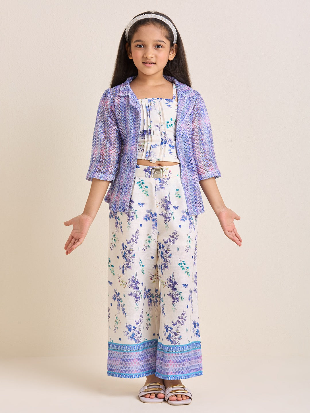 Girls White & Purple Floral Crop Top & Pants Ethnic Set with Purple Jacket (3pc Set)