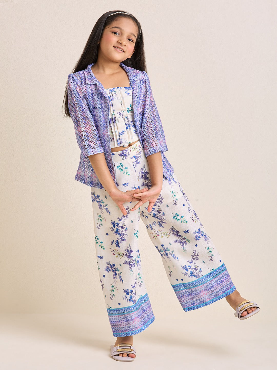 Girls White & Purple Floral Crop Top & Pants Ethnic Set with Purple Jacket (3pc Set)