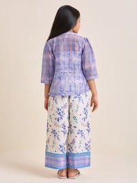 Girls White & Purple Floral Crop Top & Pants Ethnic Set with Purple Jacket (3pc Set)