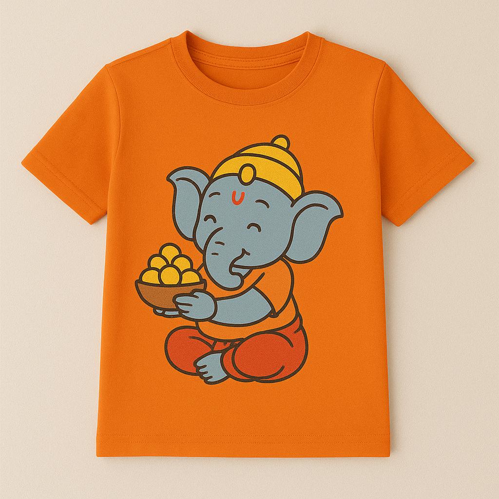 Girls And Boys Ganpati Print Orange T-Shirt