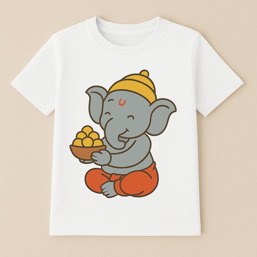 Girls And Boys Ganpati Print White T-Shirt