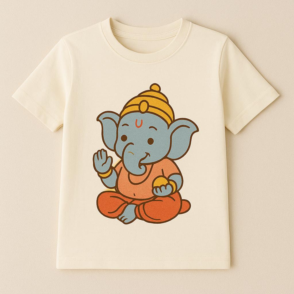 Girls And Boys Ganpati Blessing Printed White T-Shirt