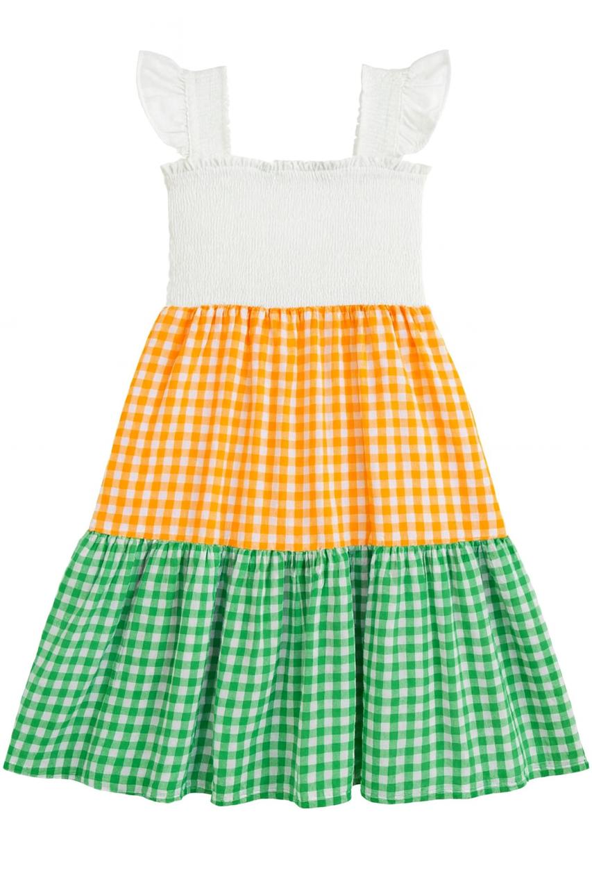 Girls White Orange And Green Smocked Sleeveless Girls Dress