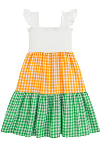 Girls White Orange And Green Smocked Sleeveless Girls Dress