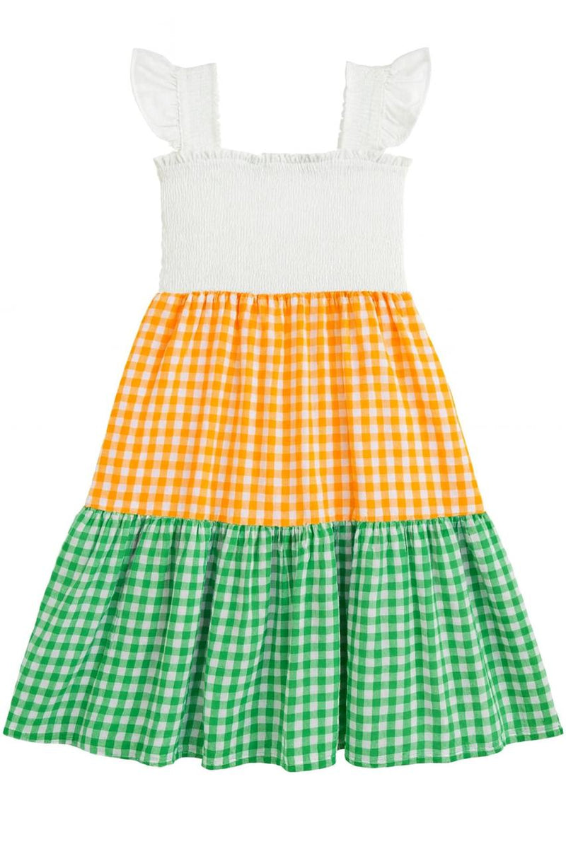 Girls White Orange And Green Smocked Sleeveless Girls Dress