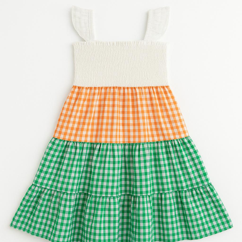 White Orange And Green Double Frill Smocked Sleeveless Girls Dress
