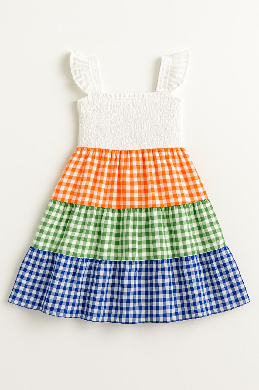 Girls White Orange Green And Blue Smocked Sleeveless Girls Dress