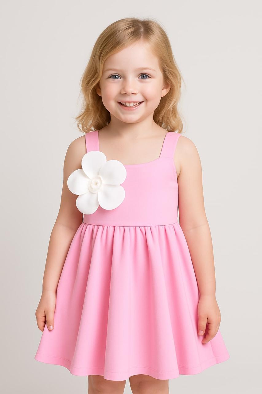 ZIP ZAP ZOOP Girls' Pink Party Dress with 3D White Flower Accent – Sleeveless Elegant Flared Dress