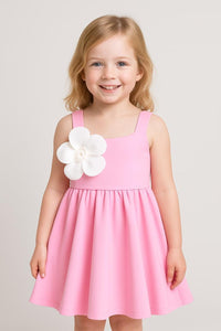 ZIP ZAP ZOOP Girls' Pink Party Dress with 3D White Flower Accent – Sleeveless Elegant Flared Dress