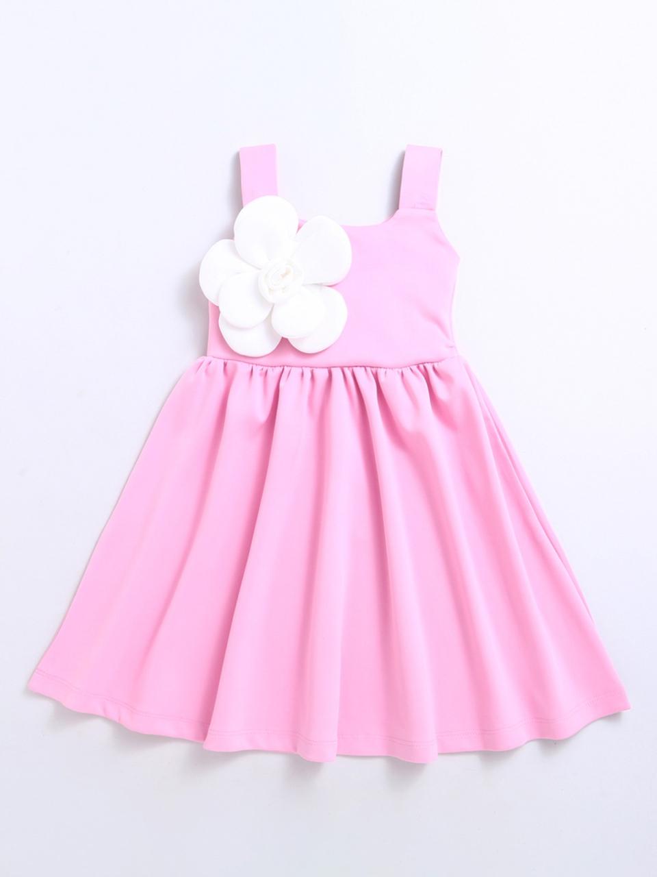 ZIP ZAP ZOOP Girls' Pink Party Dress with 3D White Flower Accent – Sleeveless Elegant Flared Dress