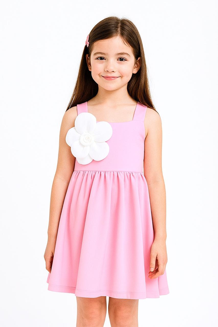 ZIP ZAP ZOOP Girls' Pink Party Dress with 3D White Flower Accent – Sleeveless Elegant Flared Dress