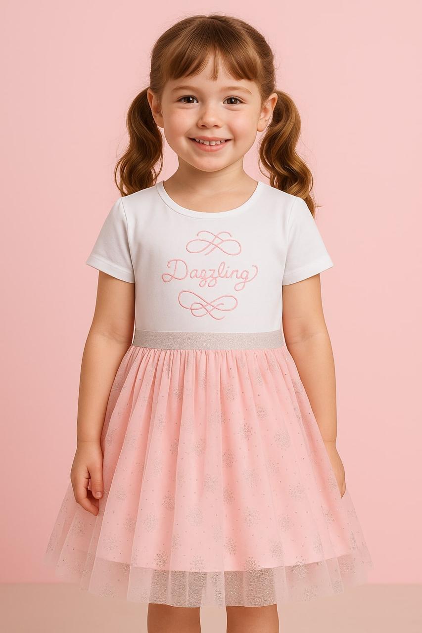 Girls Dress White & Pink "Dazzling" Pearl Embroidery Half Sleeve Frock