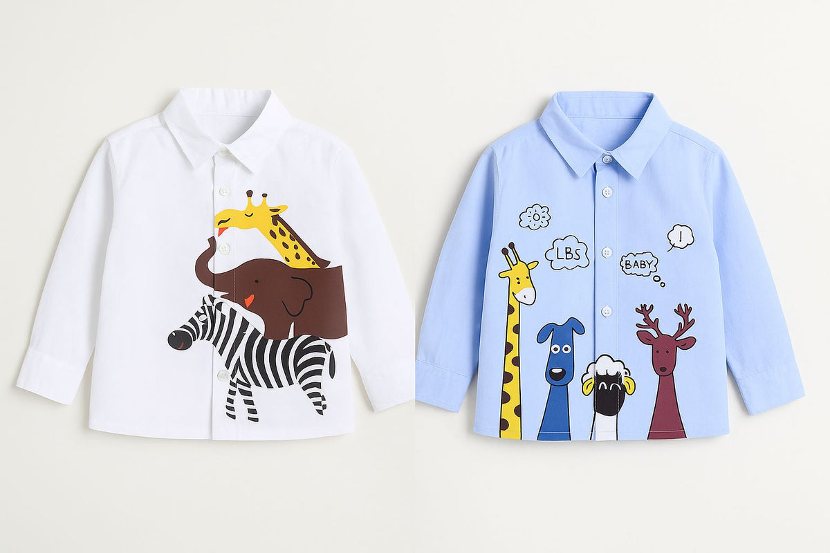 Pack Of 2 Shirts Boys White 3 Animal Print Shirt And Blue 4 Animal Print Shirt