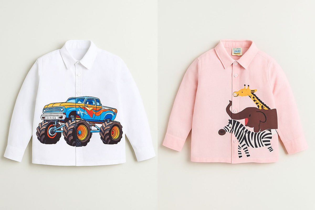 Pack Of 2 Shirts White Tractor Print Shirt And Pink 3 Animal Print Shirt