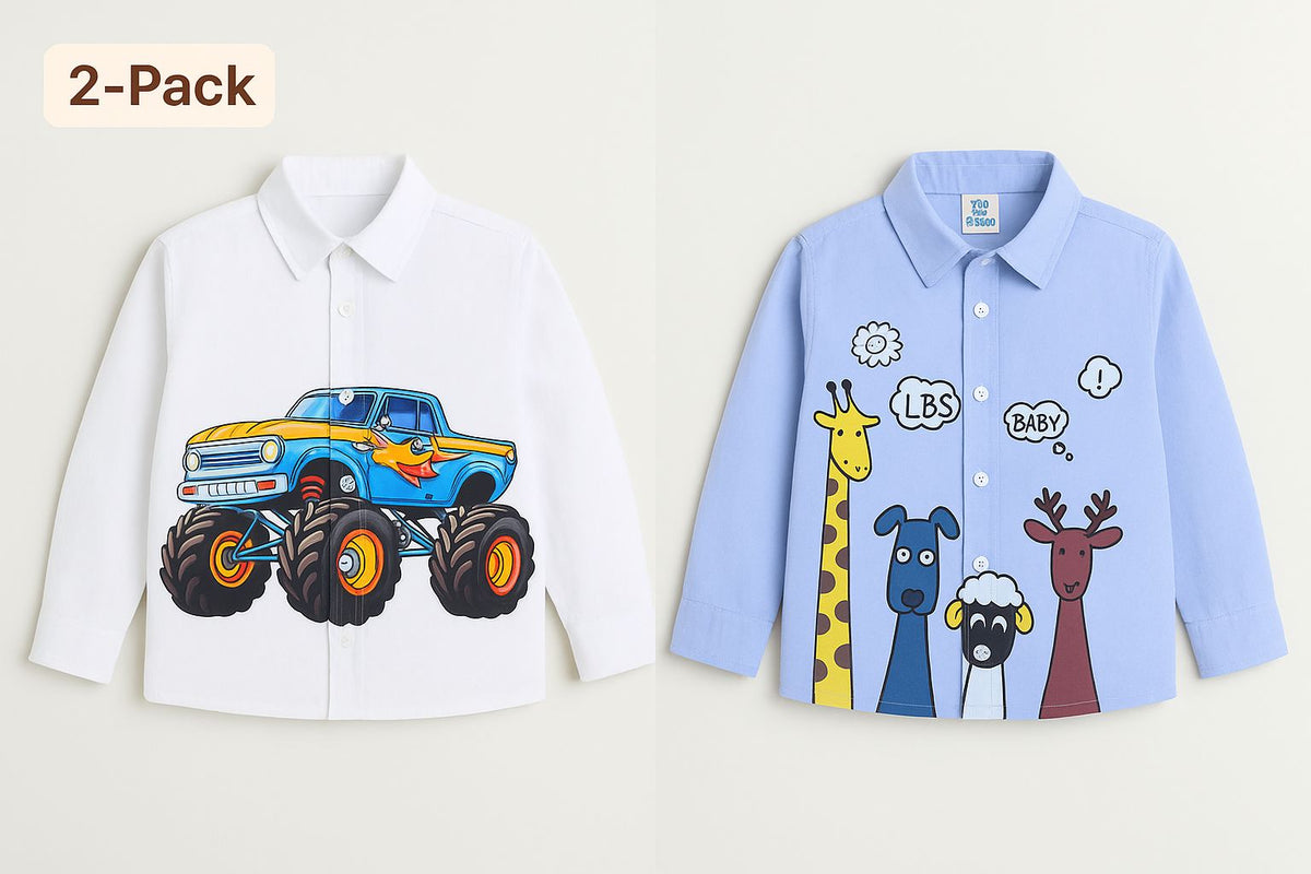 Pack Of 2 Shirts White Tractor Print Shirt And Blue 4 Animal Print Shirt