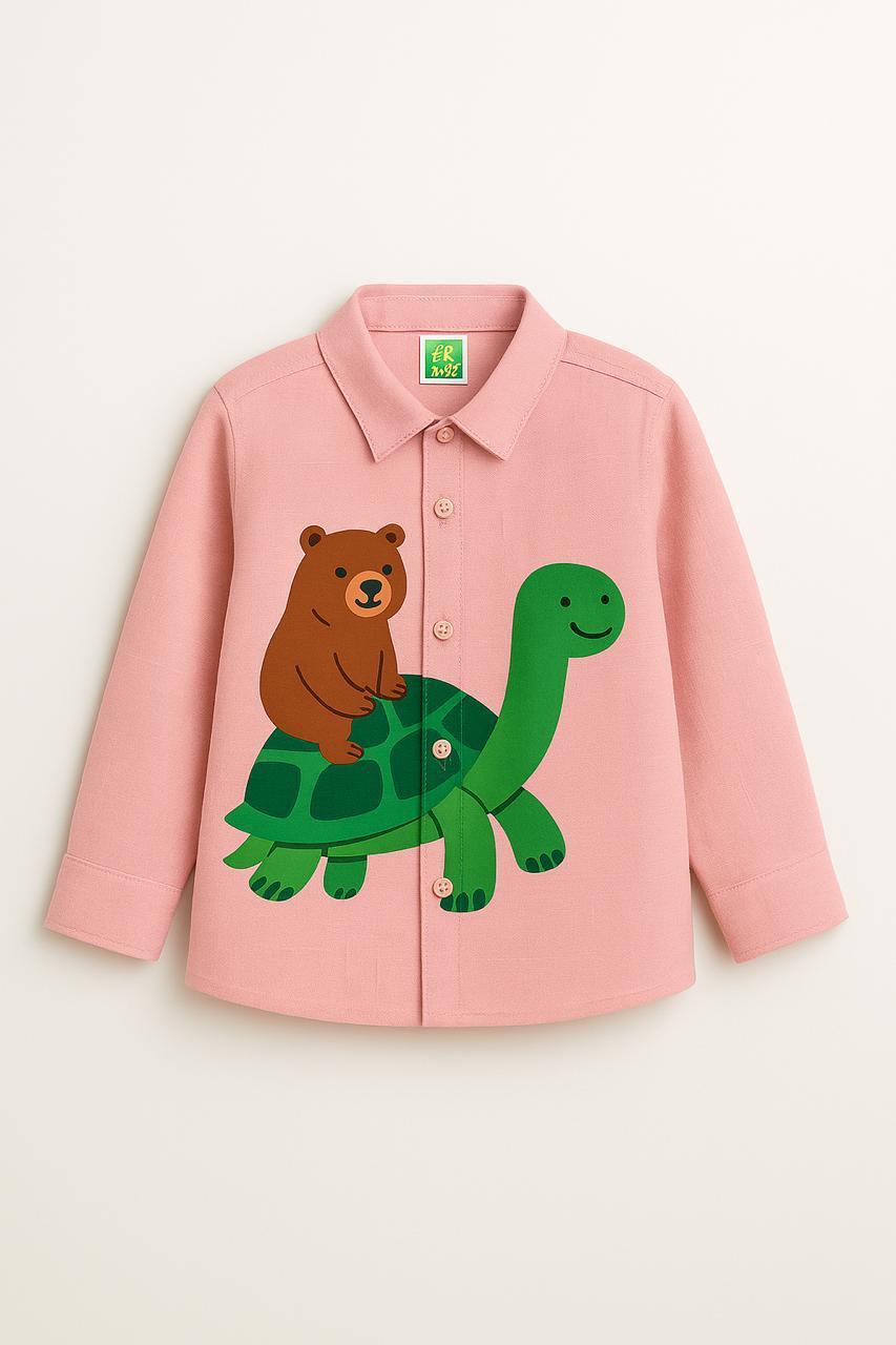 Light Pink Cotton Two Animal Tortoise-Bear Printed Boys Shirt