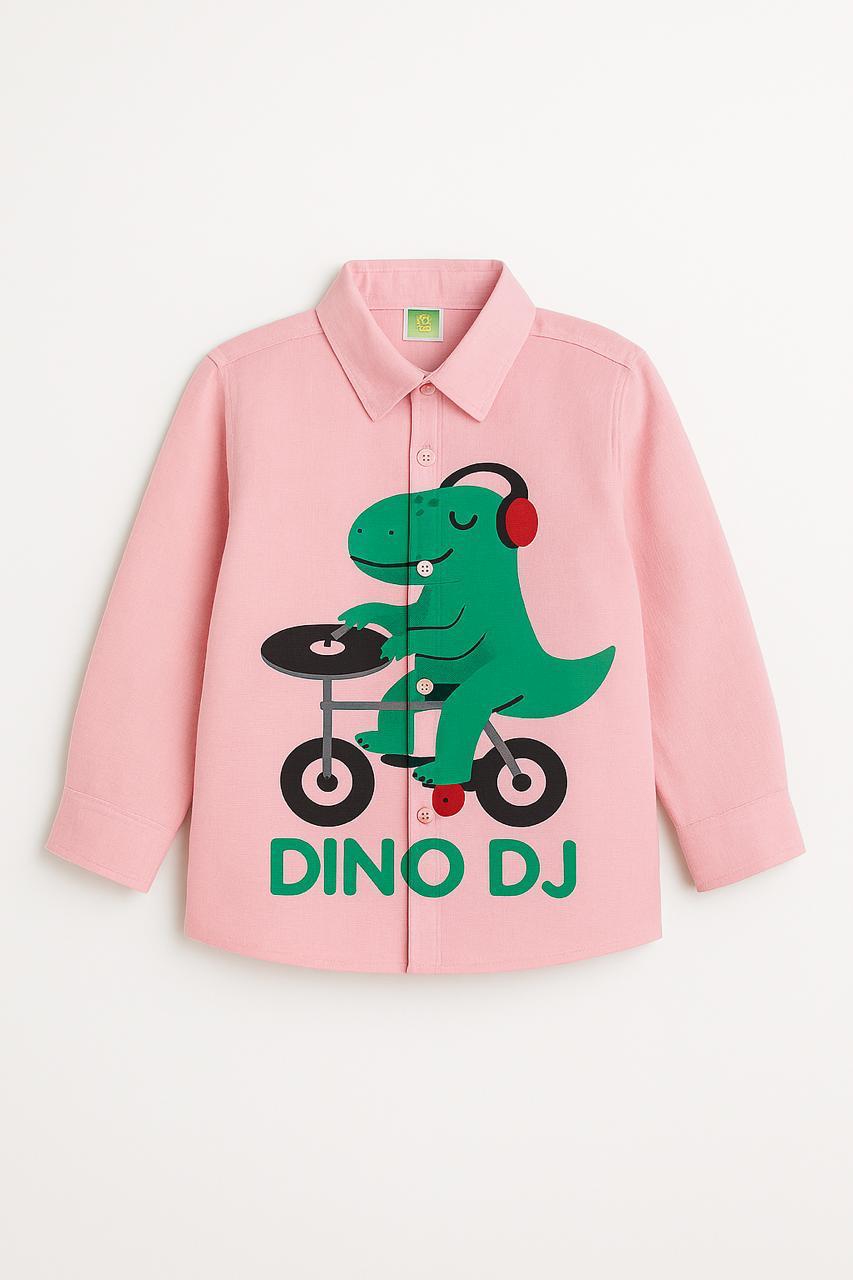 Light Pink Cotton Dino Dj Printed Boys Shirt