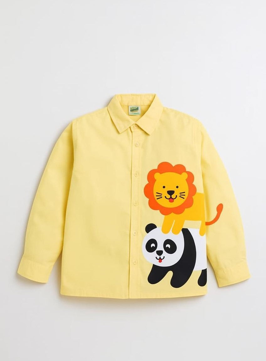 Yellow Cotton Lion And Panda Printed Boys Shirt