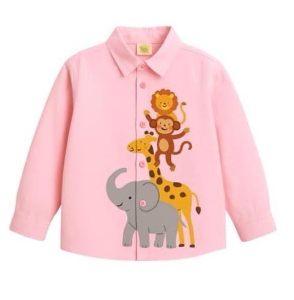 Pink Cotton New 4 Animal-Monkey Lion Giraffe Elephant Printed Boys Shirt