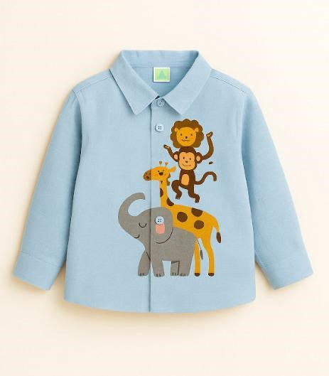 Light Blue Cotton New 4 Animal-Monkey Lion Giraffe Elephant Printed Boys Shirt