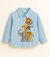 Light Blue Cotton New 4 Animal-Monkey Lion Giraffe Elephant Printed Boys Shirt