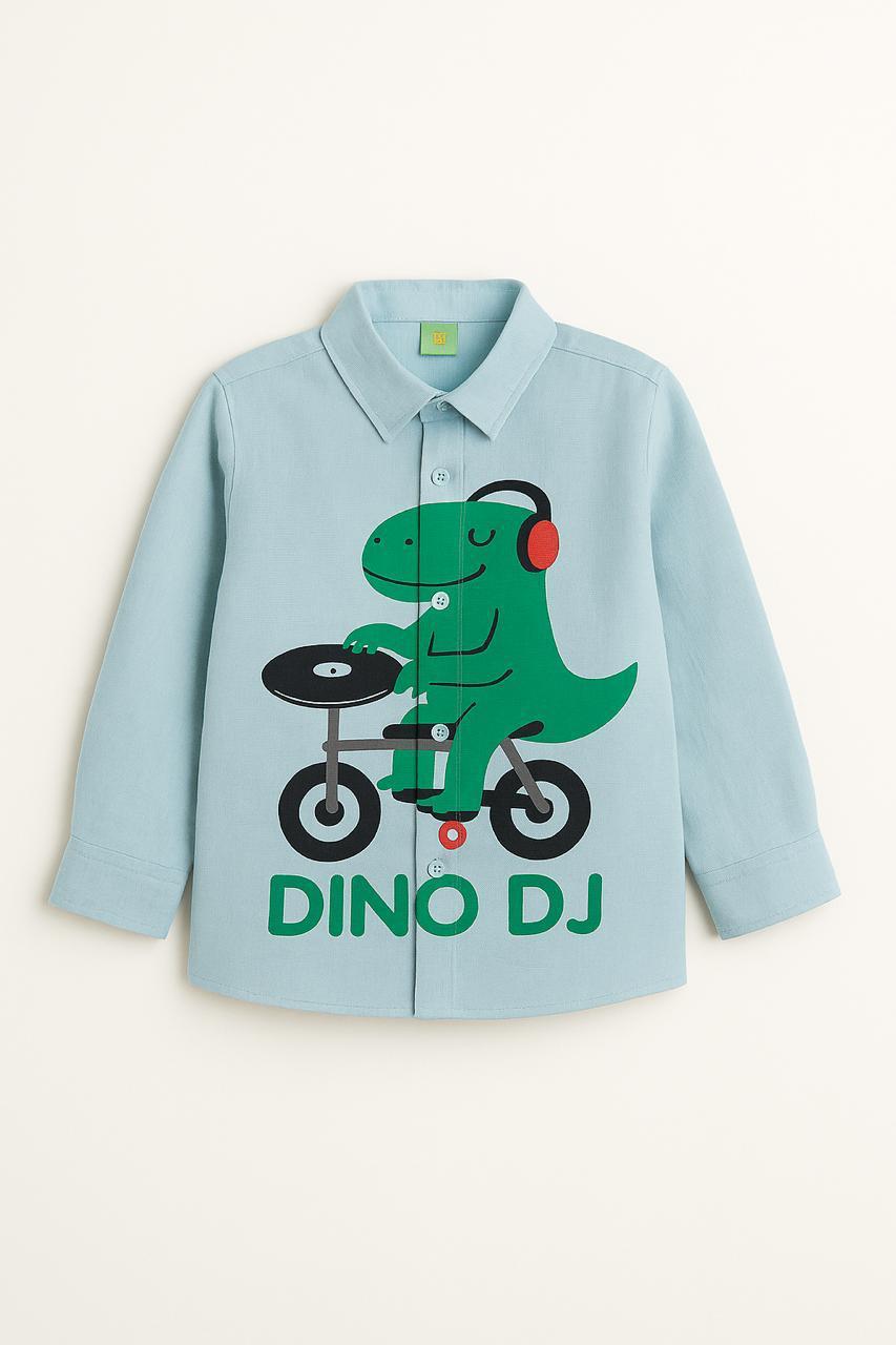 Light Blue Cotton Dino Dj Printed Boys Shirt