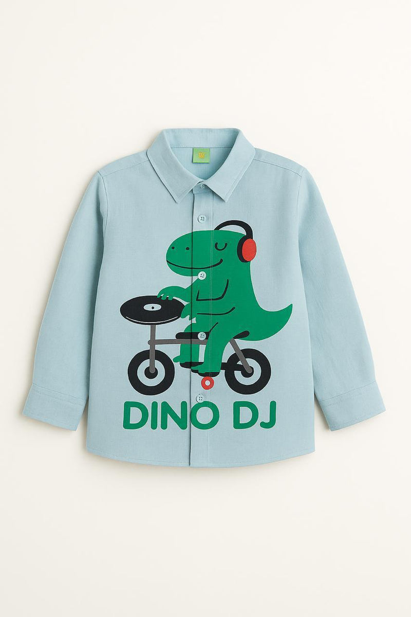 Light Blue Cotton Dino Dj Printed Boys Shirt