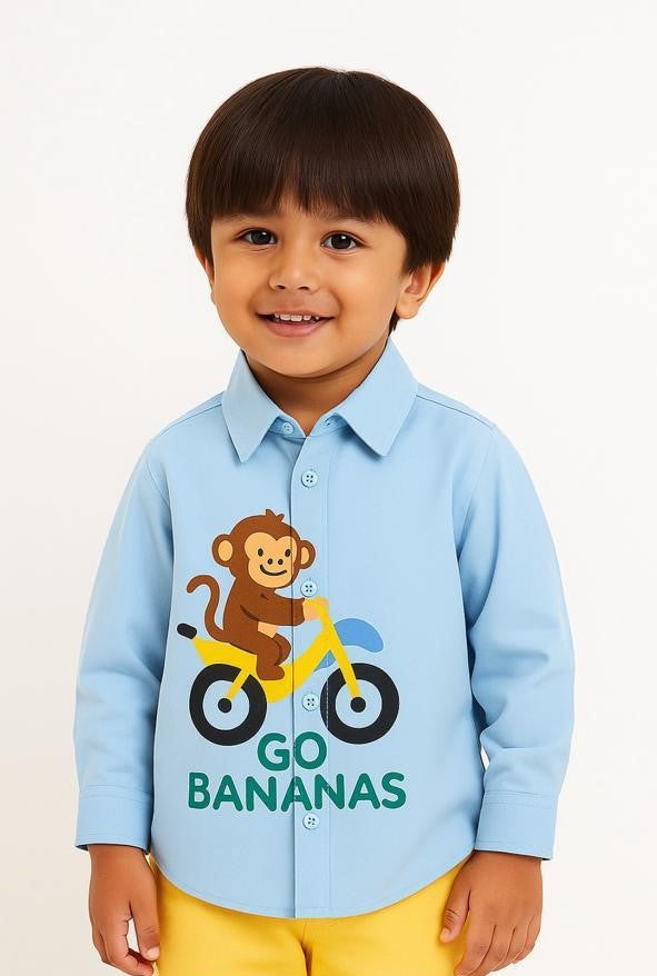 Light Blue Cotton Monkey Go Bananas Printed Boys Shirt