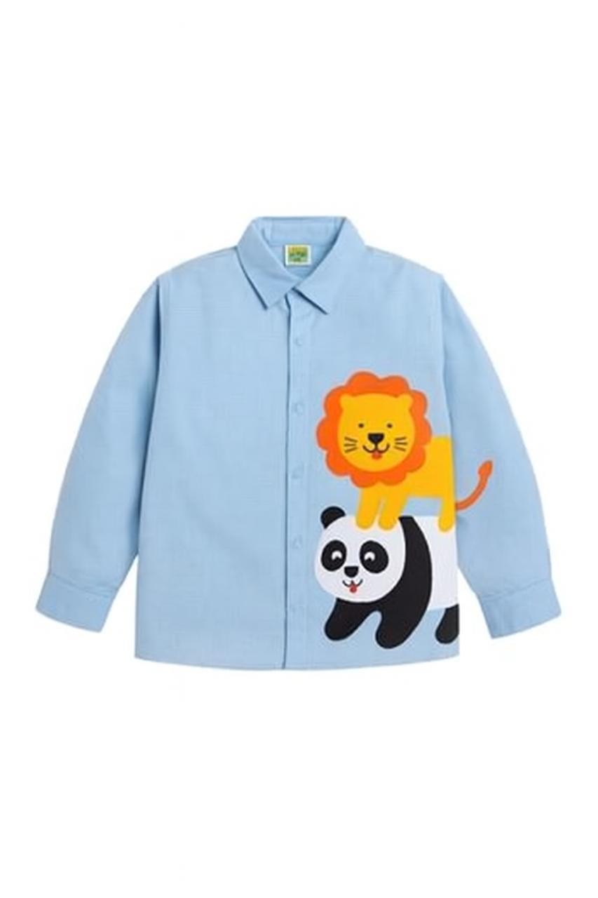 Blue Cotton Lion And Panda Printed Boys Shirt