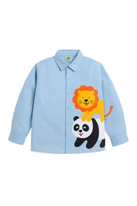 Blue Cotton Lion And Panda Printed Boys Shirt
