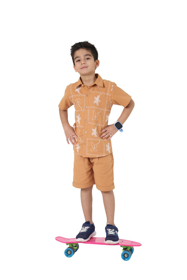 Light Brown Boys Embroidered Shirt & Shorts Co-ord Set (Copy)