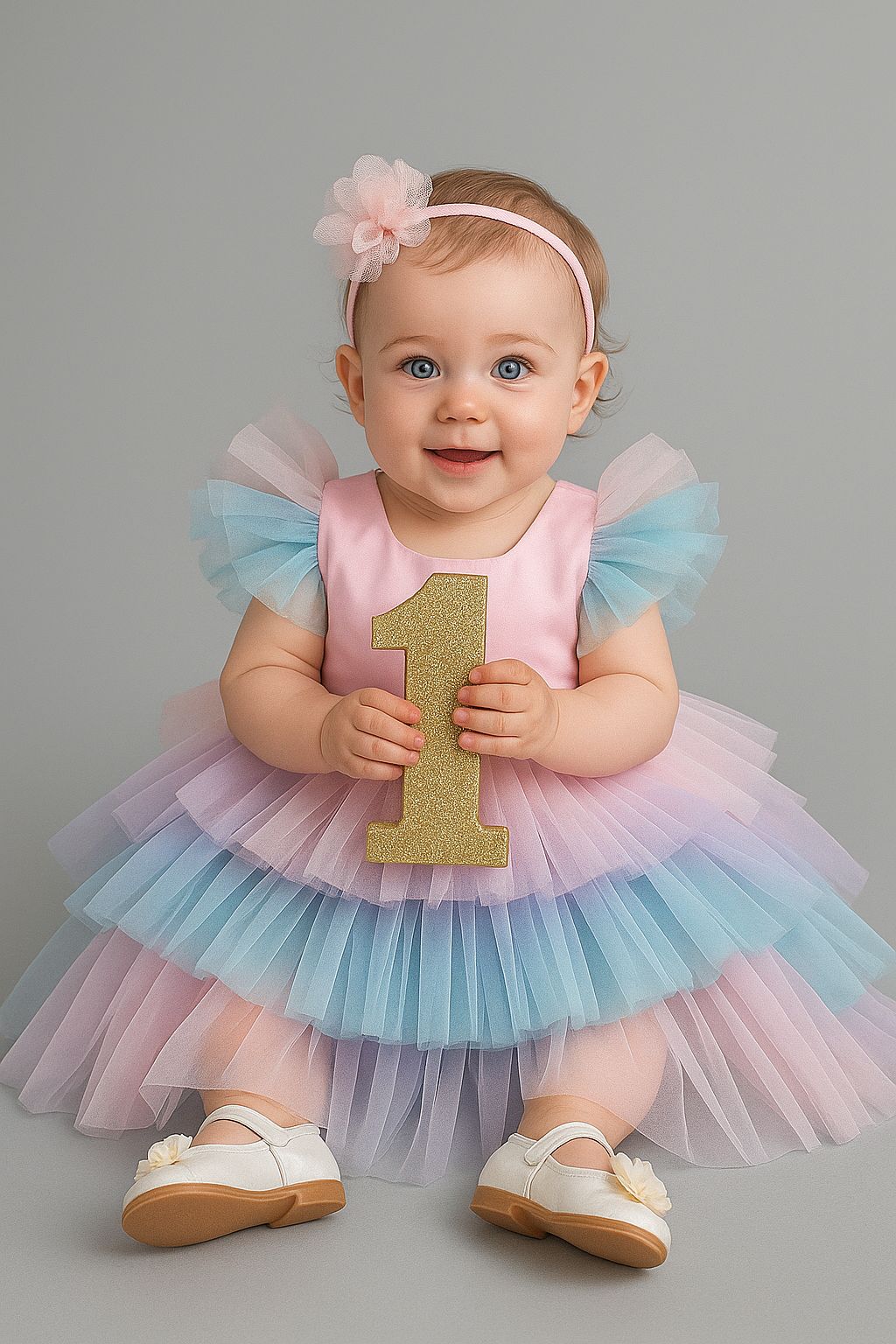 Baby Girls Pink Blue & White Multi-layered Red Carpet Look 4 Trail Gown Dress