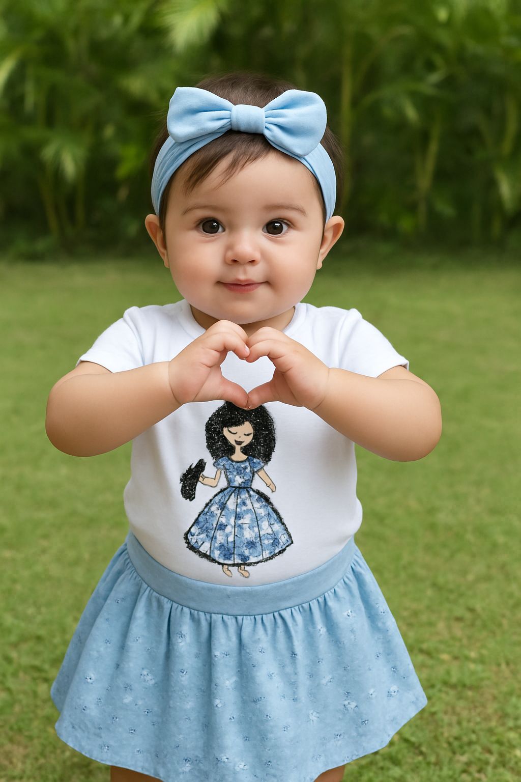 Baby Girls White Half Sleeve Girl Embellished Cotton T-shirt & Blue Embellished Denim Skirt Co-ord Set