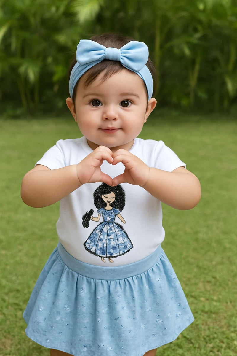 Baby Girls White Half Sleeve Girl Embellished Cotton T-shirt & Blue Embellished Denim Skirt Co-ord Set