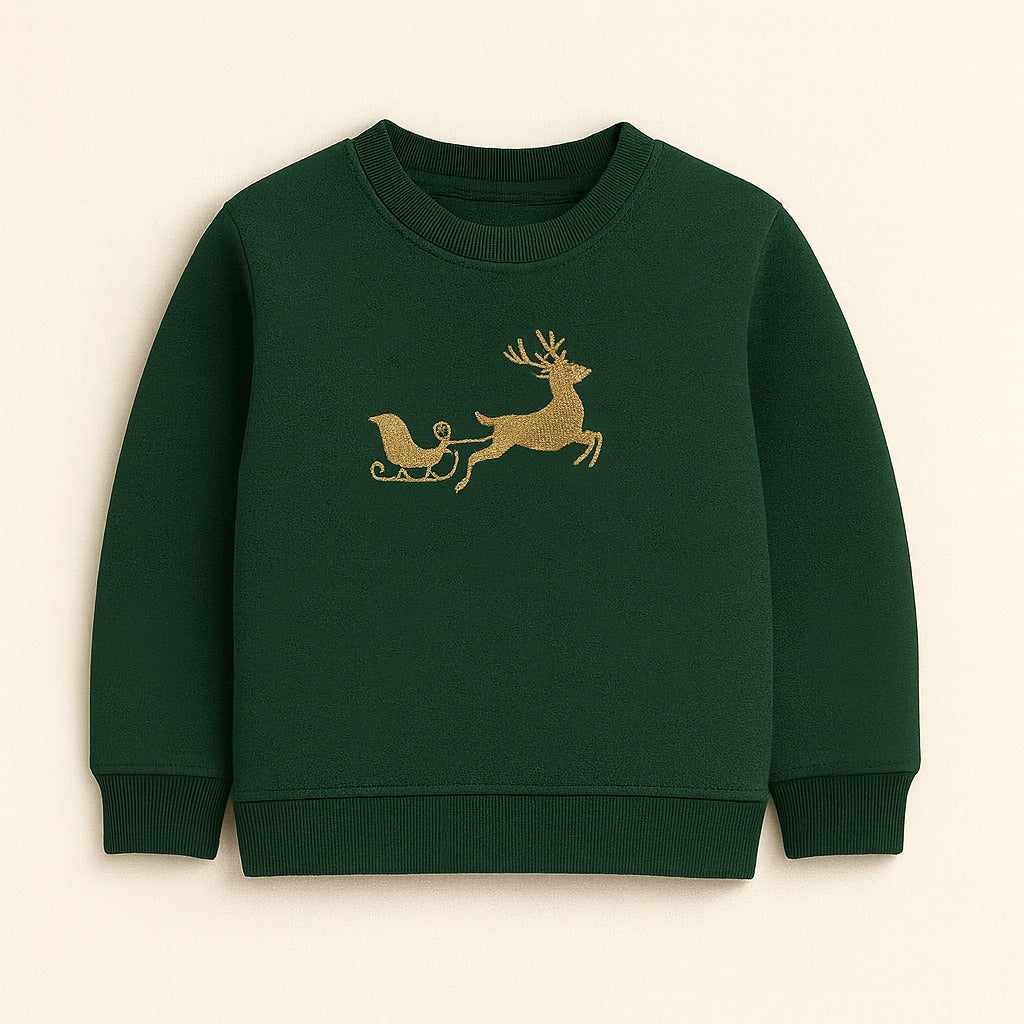 Green Christmas Sweatshirt With Gold Embroidered Reindeer