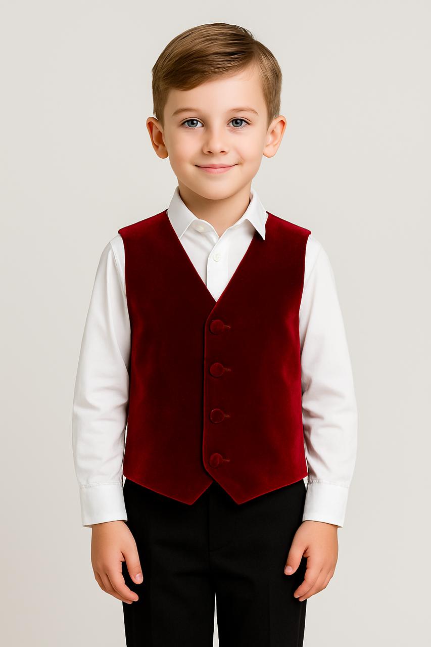 Boys Partywear Maroon Velvet Jacket & Pant with White Cotton Shirt