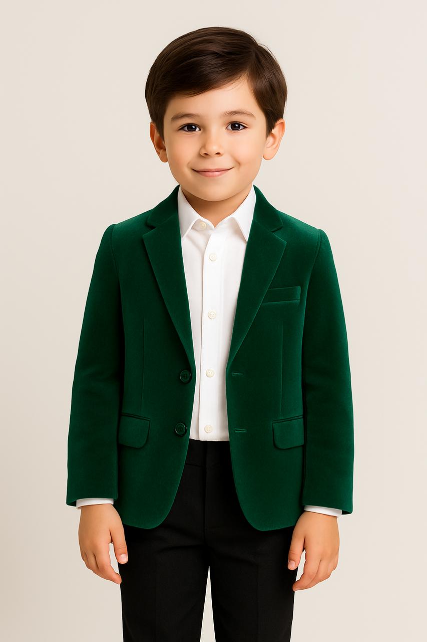 Boys Partywear Green Velvet Jacket & Pant with White Cotton Shirt