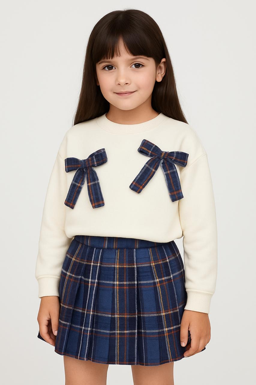 Girls White Full Sleeve Top with Bow Applique & Navy Blue Check Skirt