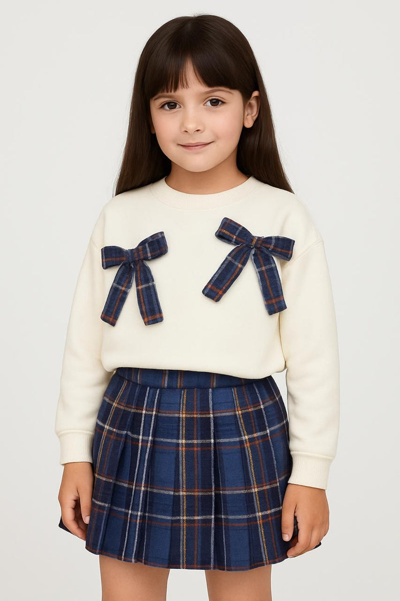 Girls White Full Sleeve Top with Bow Applique & Navy Blue Check Skirt