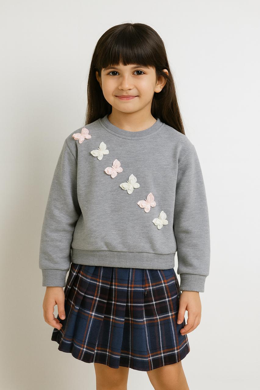 Grey Butterfly Patch Sweatshirt & Blue Checks Skirt