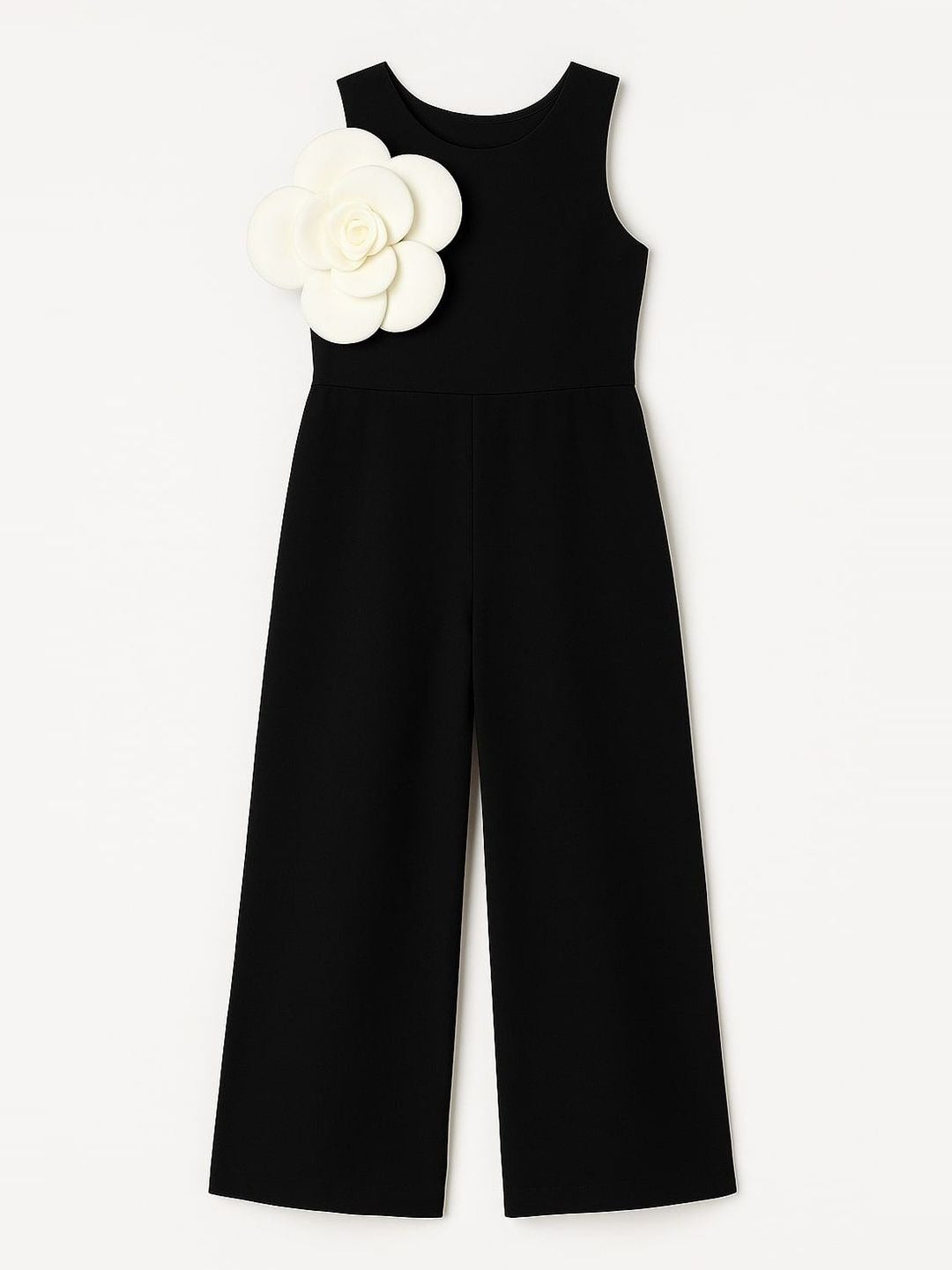 Girls Premium Black Jumpsuit With 3D Big White Flower
