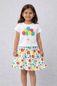 GIRLS WHITE BUNCH OF BALLOON T-SHIRT WITH MATCHING DOT SKIRT
