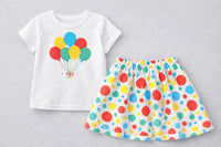 GIRLS WHITE BUNCH OF BALLOON T-SHIRT WITH MATCHING DOT SKIRT