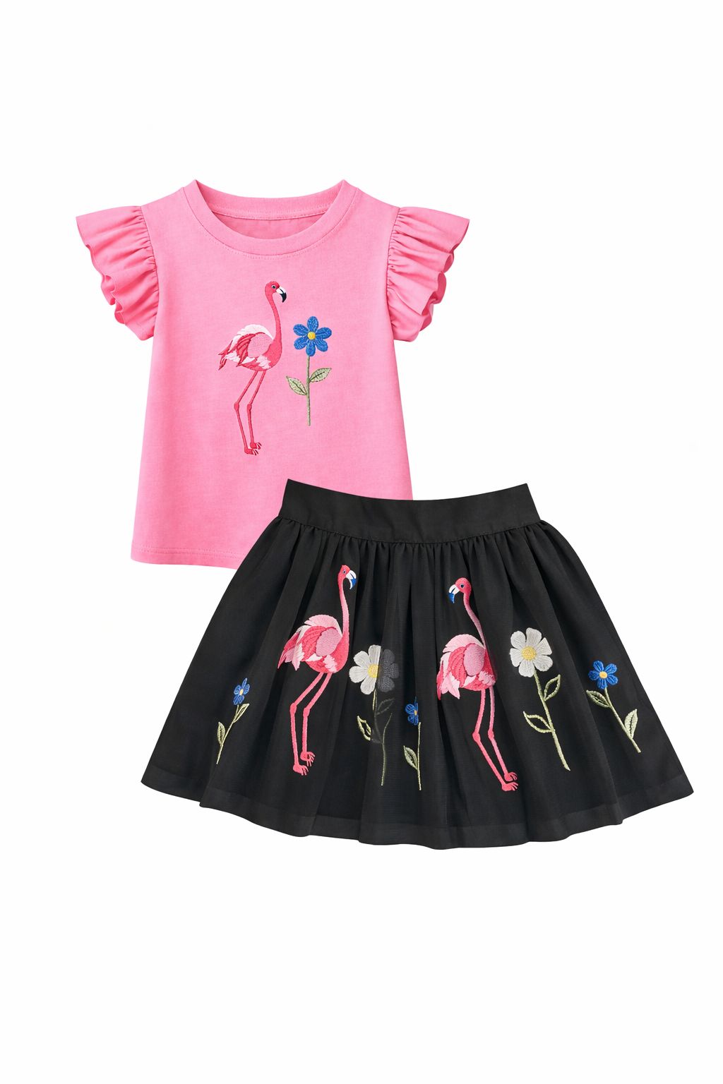 Black & Pink Flamingo embroidered t-shirt and skirt Co-Ord set