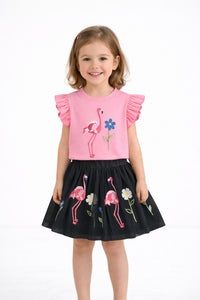 Black & Pink Flamingo embroidered t-shirt and skirt Co-Ord set