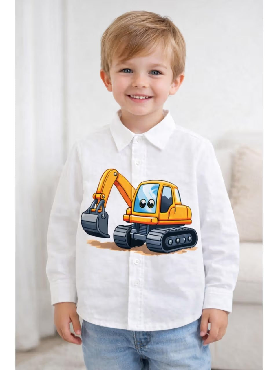 BOYS WHITE SHIRT WITH POPULAR BULLDOZER PRINT