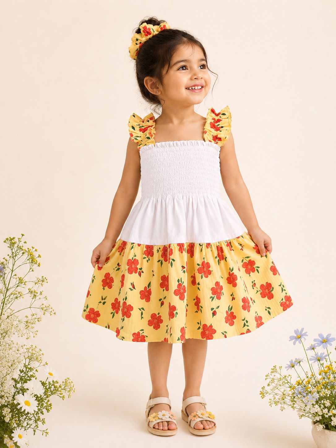 White & Yellow Floral Smocked Sundress