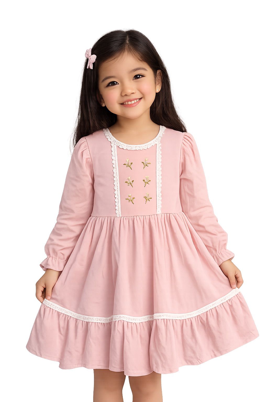 Girls Long Sleeve Pink Embroidered Dress with Lace Trim